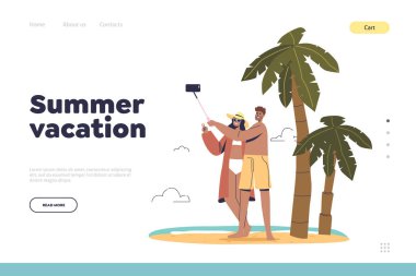 Summer vacation concept of landing page with happy couple of tourists taking selfie photo on beach at tropical sea resort. Young man and woman at seaside together. Cartoon flat vector illustration