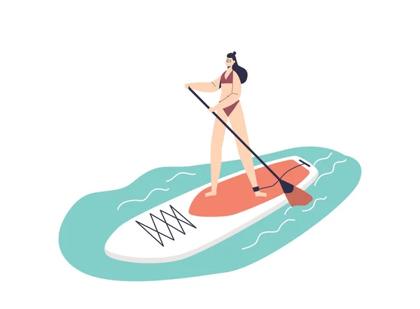 Young Woman Practive Paddleboard Summer Vacation Seaside Resort Girl Riding — 스톡 벡터
