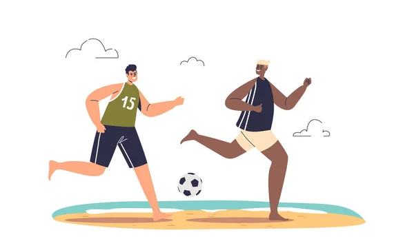 Young People Play Beach Football Happy Men Enjoy Active Game — Stock Vector