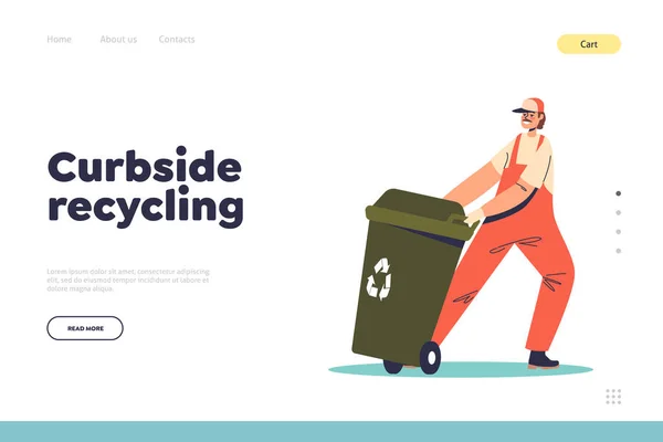 Curbside Recycling Concept Landing Page Janitor Worker Push Litter Bin — Vettoriale Stock