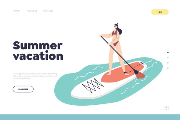 Summer Vacation Concept Landing Page Woman Practice Paddleboard Sea Resort — Vettoriale Stock