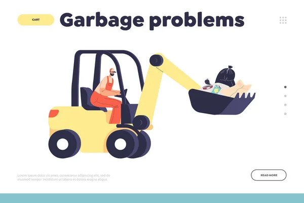 Garbage Problem Concept Landing Page Janitor Work Bulldozer Vehicle Collect — Stockvektor