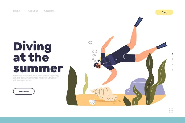 Summer Diving Concept Landing Page Man Practice Dive Vacation Sea — Vettoriale Stock