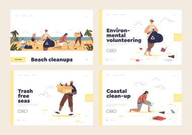 Clean beach and sea concept of landing pages set with people volunteers picking up litter waste at coast. Young men and women activists collect garbage outdoors. Cartoon flat vector illustration
