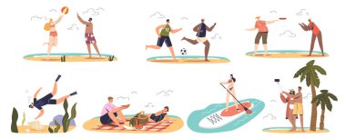 Summer activities on beach set. Young people on vacation on sea resort, play outdoor game, practice sup paddleboarding, diving, football, volleyball, picnic and relax. Cartoon flat vector illustration