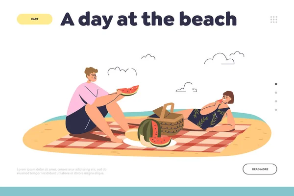 Day Beach Concept Landing Page People Picnic Eat Watermelon Relax — Vector de stock