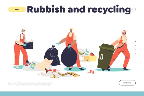 Rubbish Recycling Concept Landing Page Janitors Collecting Litter Reuse Trash — Stok Vektör