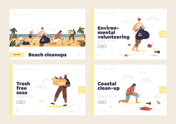 Clean Beach Sea Concept Landing Pages Set People Volunteers Picking — Stock Vector
