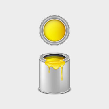 Paint metal bucket, tin can with yellow ink in front view. Realistic 3d mockup of blank steel container with paint drips isolated on gray background. Vector illustration