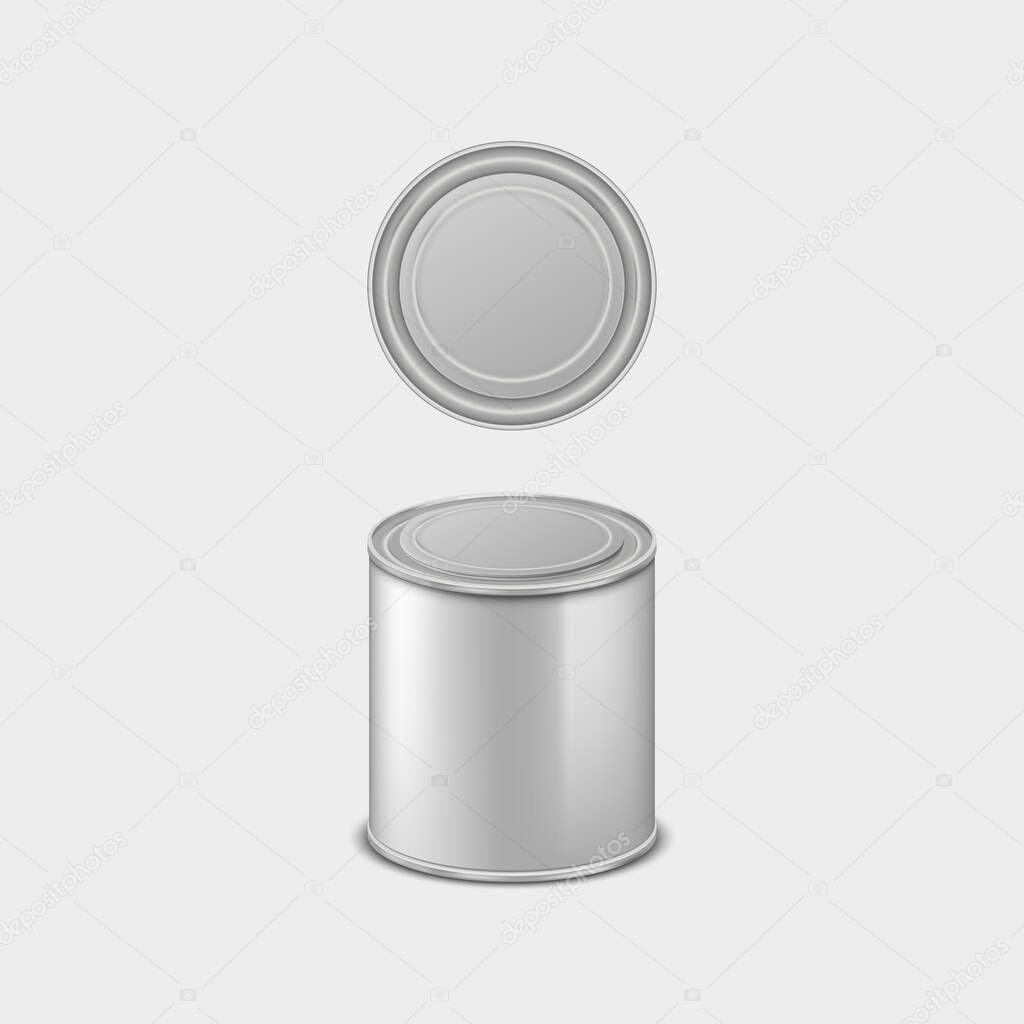 Realistic metal paint tin can with lid isolated. Chrome bucket for storage template empty icon 3d. Steel canister mockup. Vector illustration