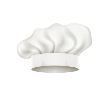 Chef hat, white toque front view isolated mockup. Chief cap working uniform of restaurant staff, cook clothing. Professional garment for head, pleated toque mockup design element. Vector illustration