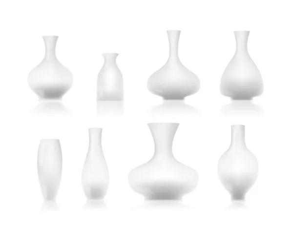 Realistic White Ceramic Vase Set Closeup Isolated White Background Floor — Image vectorielle