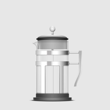 Empty french press coffee maker or glass piston teapot realistic isolated. Transparent jug cup coffeemaker for tea drink preparation. 3d vector illustration