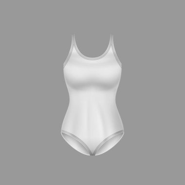One piece woman swimsuit mockup. Realistic girl beach apparel, swimwear clothes. White sleeveless bodysuit, lingerie or beachwear isolated on gray background. 3d vector illustration