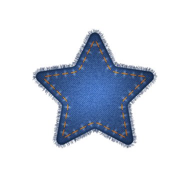 Star patch of blue jeans denim texture. Realistic sturdy cotton twill fabric of denim jeans label with thread stitches and torn fringes edges. Vector illustration