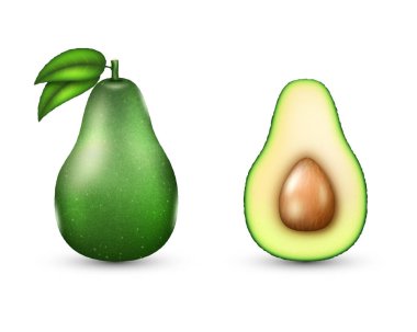 Gerçekçi yeşil avokado meyvesi, tam ve yarım kesilmiş meyve. Taze sebze reyonunda yaprak ve kahverengi çukur var. Vejetaryen yemeği, keto diyeti malzemesi, vejetaryen besin. Vektör illüstrasyonu