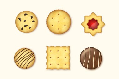 Farklı çikolata ve bisküvi parçacıklı kurabiyeler. Reçelli gerçekçi kurabiyeler, çikolatalı yulaf, beyaz arka planda izole edilmiş kuru krakerler. 3d vektör illüstrasyonu