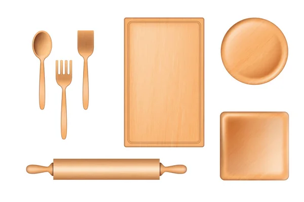 Conjunto Utensilios Cocina Madera Realistas Rodillo Tabla Cortar Bandeja Placa — Vector de stock