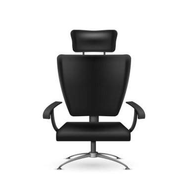 Gerçekçi deri ofis koltuğu. Beyaz arka planda izole edilmiş patron ya da çalışan için rahat bir koltuk. Tekerlekli iş yeri için ergonomik koltuk. 3d vektör illüstrasyonu