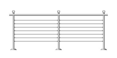 Metalik yol bariyeri, beyaz arka planda izole edilmiş gerçekçi tasarım. Ev merdivenleri, balkon ya da teras için metal korkuluklu korkuluklar. Vektör illüstrasyonları