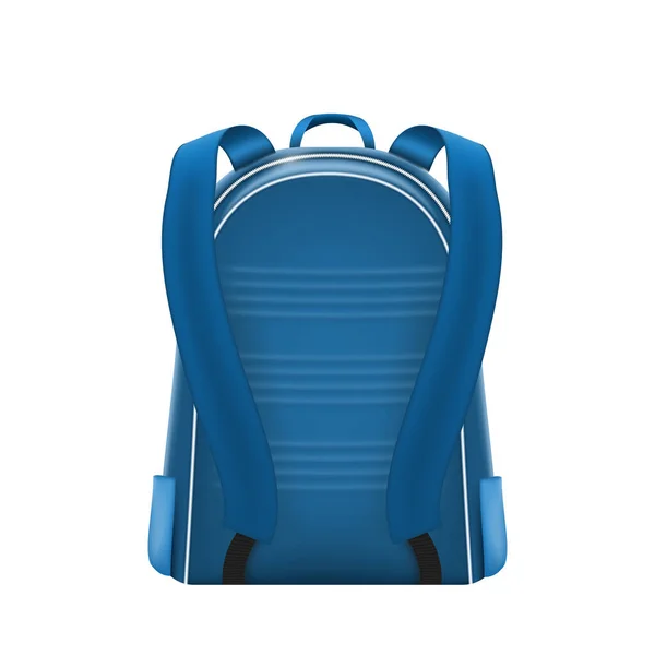 学校のための現実的な青のバックパック バックビュー 白を背景に隔離された10代の学生用品のためのカジュアルリュックサック ポケットやハンドル付きの通学用バッグ ベクターイラスト — ストックベクタ