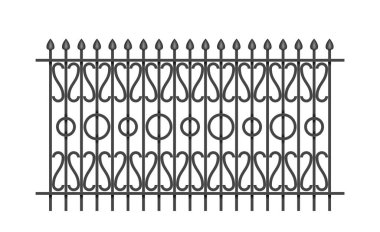 Balkon korkulukları için metal çelik çit beyaz arka planda izole edilmiş sahte metalden modüler parçalar. Retro zarif sahte çitler. 3s gerçekçi vektör illüstrasyonu