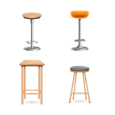 Bar sandalyeleri ahşap ve metal gerçekçi nesneler. Mutfak için çağdaş mobilyalar. Restoran ya da kafeterya için yüksek bacaklı rahat tabureler. 3d vektör illüstrasyonu