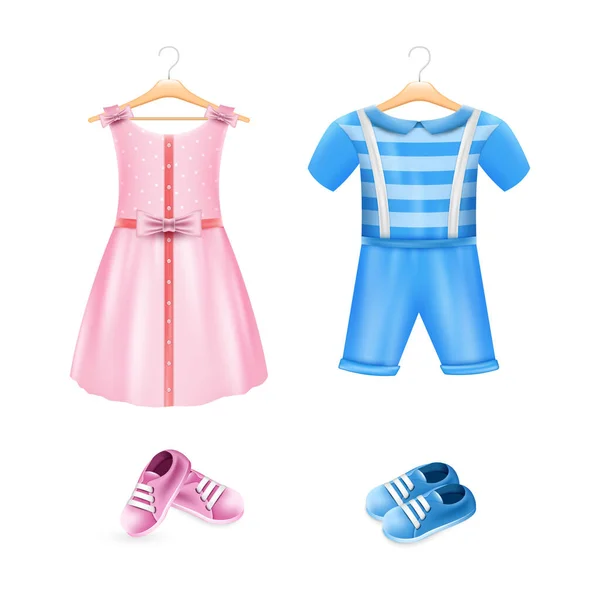 Ubrania Dla Chłopca Dziewczynki Realistyczna Różowa Sukienka Niebieski Romper Buty — Wektor stockowy