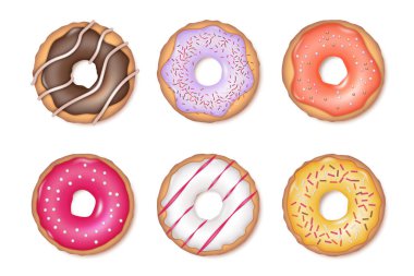 Gerçekçi çörek pasta seti. Çikolata kremalı ve şekerli donut tatlısı. Pasta, tatlı pasta, kafe şekerleme ve renkli jöleli çörekler. 3d vektör illüstrasyonu