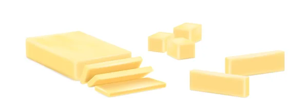 バターの現実的な黄色のスライス マーガリンやスプレッド 調理や白の背景に隔離された食事のための脂肪分の多い乳製品のキューブ 3Dベクトル図 — ストックベクタ