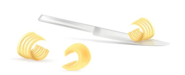 バターメタルナイフで現実的にカール マーガリンやビーガン野菜の広がりの渦 クロールクリーミーな乳製品 白い背景に隔離された設定 3Dベクトル図 — ストックベクタ