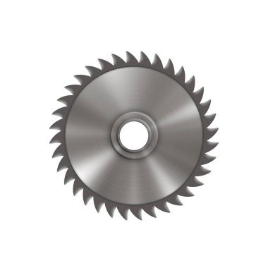 Mekanik dairesel testere bıçağı, ahşap tekne ve inşaat. Yuvarlak metal bıçak, marangozluk aleti, keskin dişli çelik krom disk. Gerçekçi vektör illüstrasyonu