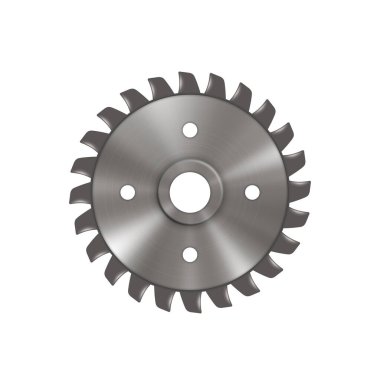 Dairesel disk ekipmanı ve keskin testere bıçağı. Yuvarlak demir alet, beyaz arka planda izole edilmiş odun kesmek için endüstriyel daire cihazı. 3d vektör illüstrasyonu