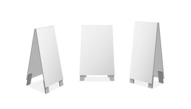 Gerçekçi özel menü duyuru panosu simgesi seti. Açık sokak arka planında beyaz, temiz bir restoran. Restoran menüsü için ön ve yan görüş için pano modeli. Vektör illüstrasyonu