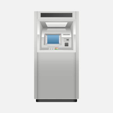 ATM ATM 3D 'de. Banknot parası, kredi kartı ve banka finans hizmetleri için ekranı, tuş takımı ve yuvaları olan ATM sokağının gerçekçi ön görüntüsü izole edildi. Vektör illüstrasyonu