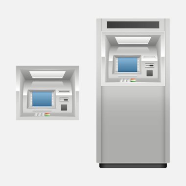 ATM ve ekran yakın çekim gerçekçiliği. İşlem için banka terminali, hesabınıza para çekin ve hesabınıza yatır. Gri arka planda 3 boyutlu nakit makinesi var. Vektör illüstrasyonu