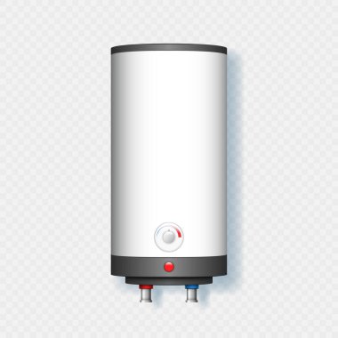 Su ısıtıcısı sistemi. Metalik otomatik akıllı gaz ya da ısı kontrolü ve ekranı olan elektrikli ısıtıcı. Hava iklimi ekipmanı. Gerçekçi 3d vektör illüstrasyonu