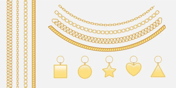 Conjunto Collares Oro Realistas Cadenas Pulseras Con Colgantes Oro Aislados — Archivo Imágenes Vectoriales