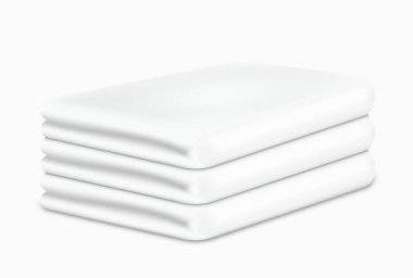 Banyo, duş, mutfak ya da plaj için beyaz havlu yığını. Ellere, vücuda ve kaplıcaya ait temiz bez havlu seti yığılmış. 3d vektör illüstrasyonu