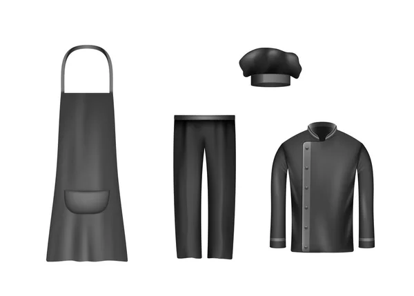 Chef Uniforme Pantalon Noir Chapeau Tablier Veste Costume Réaliste Cuisinier — Image vectorielle