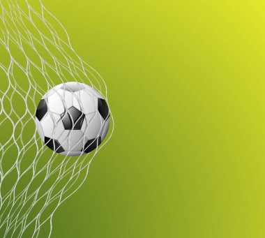 Futbol ya da futbol topu yeşil arka planda kale ağı, spor aksesuarı, oyun oynamak için ekipman, şampiyonluk ya da rekabet, tasarım unsuru. Gerçekçi 3d vektör illüstrasyonu
