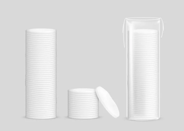 棉垫现实地模拟隔离 化妆品洗涤剂圆海绵堆放在透明的塑料抽屉绳袋 3D棉盘化妆品 药品和卫生 矢量说明 — 图库矢量图片