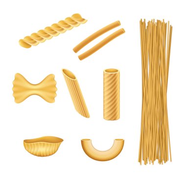 Makarna gerçekçi set. İtalyan yemeği farfalle fusilli makarna geleneksel mutfağın malzemelerini pişirir. İtalyan mutfağı, makarna, fusilli ve makarna. 3d vektör illüstrasyonu