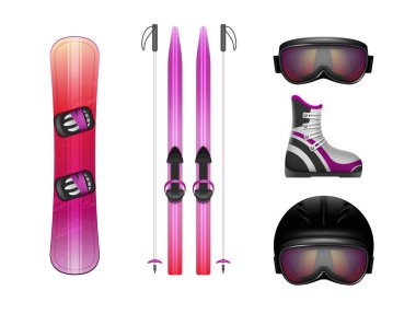 Gerçekçi kayak ve snowboard ekipmanları. Modern kayak, direkler, snowboard, gözlükler, kask ve botlar aktif kış sporları için. Aktif boş zaman aktivitesi. Vektör illüstrasyonu