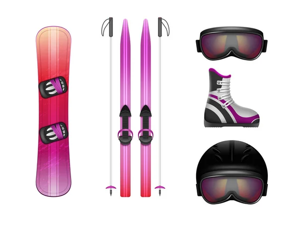 Equipo Realista Esquí Snowboard Esquí Moderno Bastones Snowboard Gafas Casco — Vector de stock