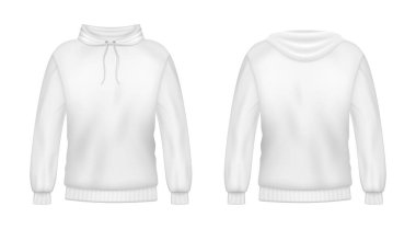 Gerçekçi kapüşonlu sweatshirt beyaz 3D model şablon. Moda uzun kollu kapüşonlu kapüşonlu arka manzara. Kadın erkek unisex pamuk giyimli spor giyim. Vektör illüstrasyonu