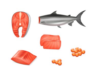 Gerçekçi çiğ somon balığı seti, soyulmuş fileto, biftek ve havyar restoran menüsü tasarımı için. Deniz yemeği. Kafasız çiğ alabalık. Deniz ürünleri yemeği. 3d vektör illüstrasyonu