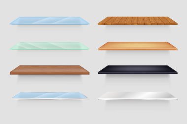 Boş camlar, tahta ve plastik raflar şeffaf veya beyaz akrilik, kahverengi ve siyah desenli gölgeli. Kitapçı ya da iç tasarım için gerçekçi raflar. Vektör illüstrasyonu