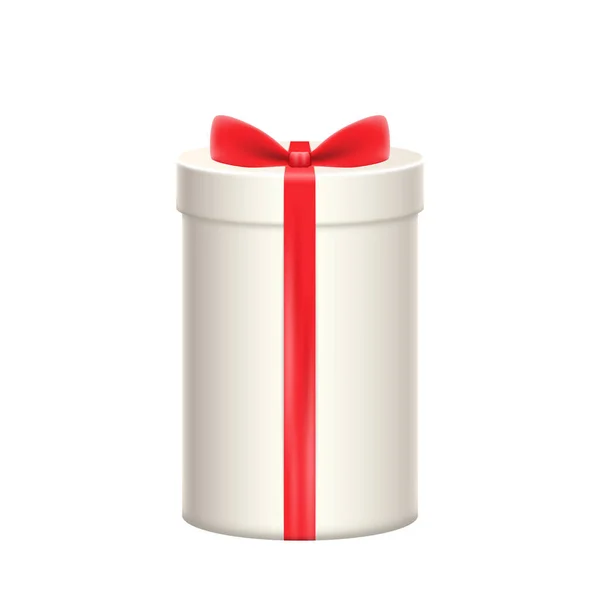Λευκό Κουτί Δώρου Ρεαλιστικό Κουτί Δώρου Κόκκινο Σατέν Τόξο Απομονωμένο — Διανυσματικό Αρχείο