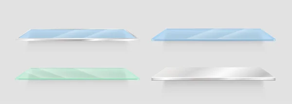 Estantes Vidrio Vacíos Vidrio Azul Transparente Acrílico Blanco Aislado Con — Archivo Imágenes Vectoriales